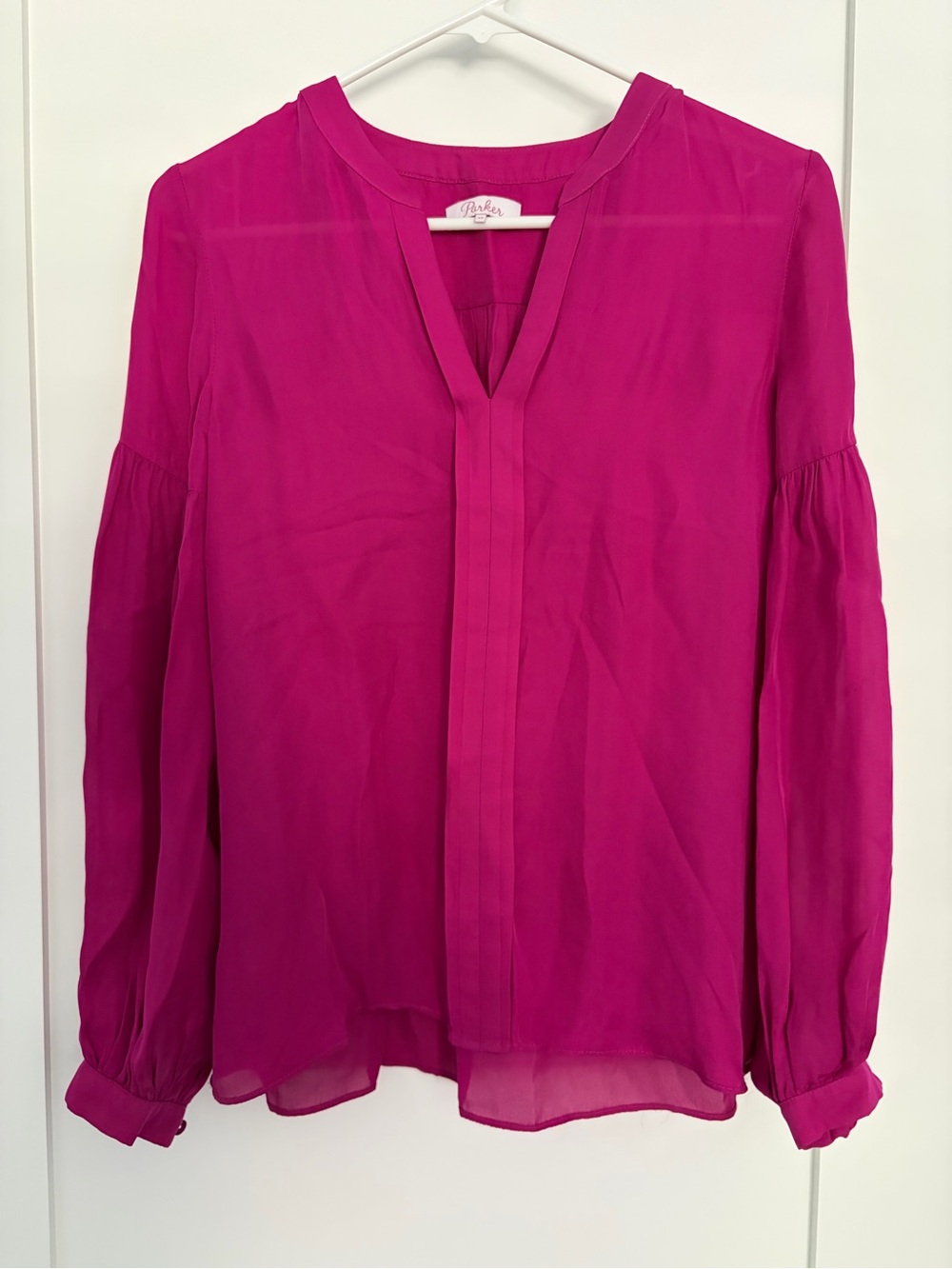 Parker Magenta V-Slit Long-Sleeve Blouse silk